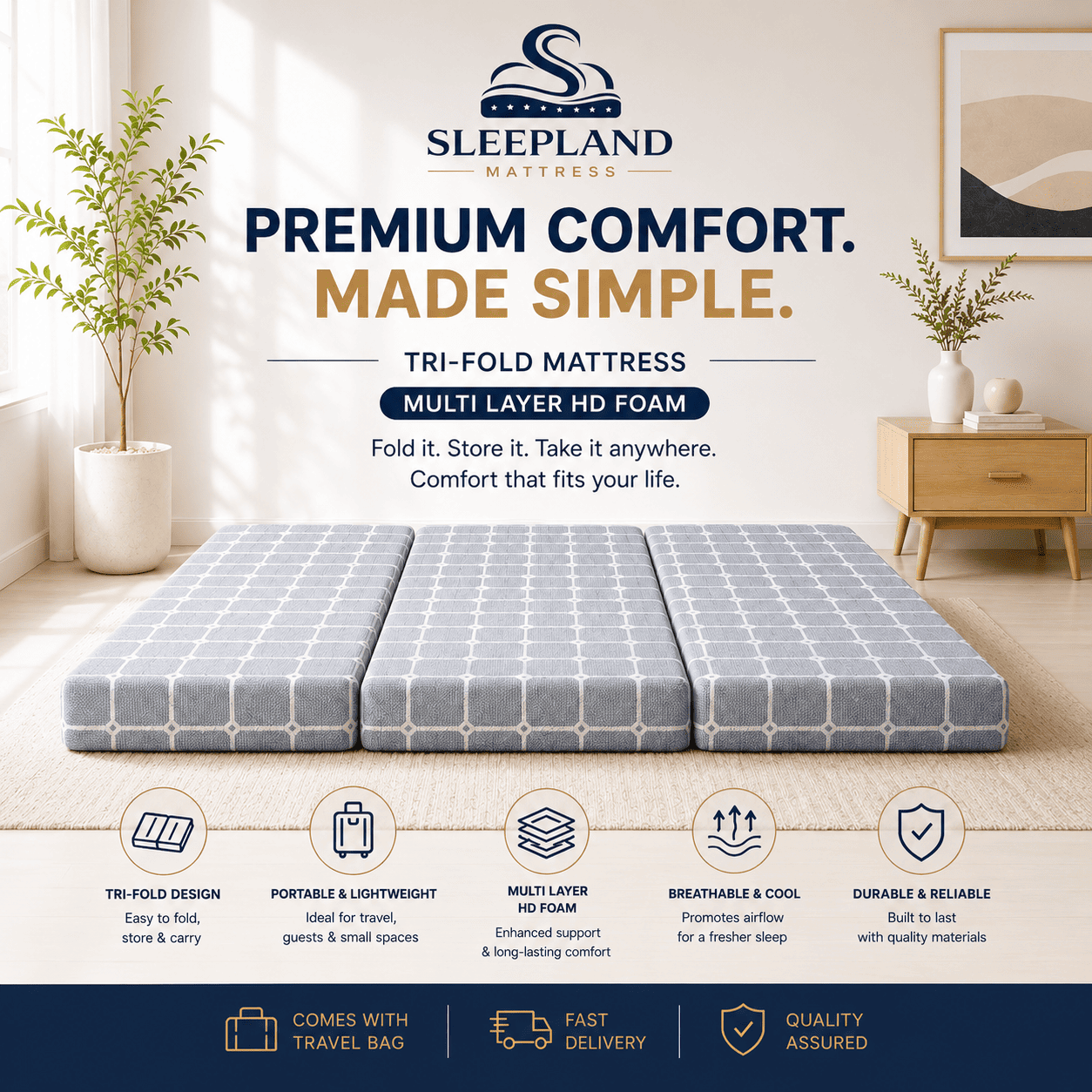 SLEEPLAND MATTRESS™ High-Density Foam Tri-Fold Mattress